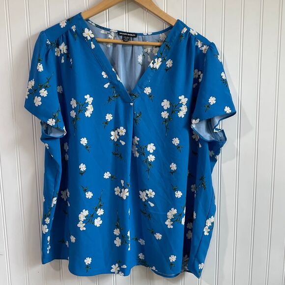 Hilary Radley‎ Shirt Womens XXL Blue Floral V-Neck Blouse Cottagecore Feminine - Picture 1 of 8